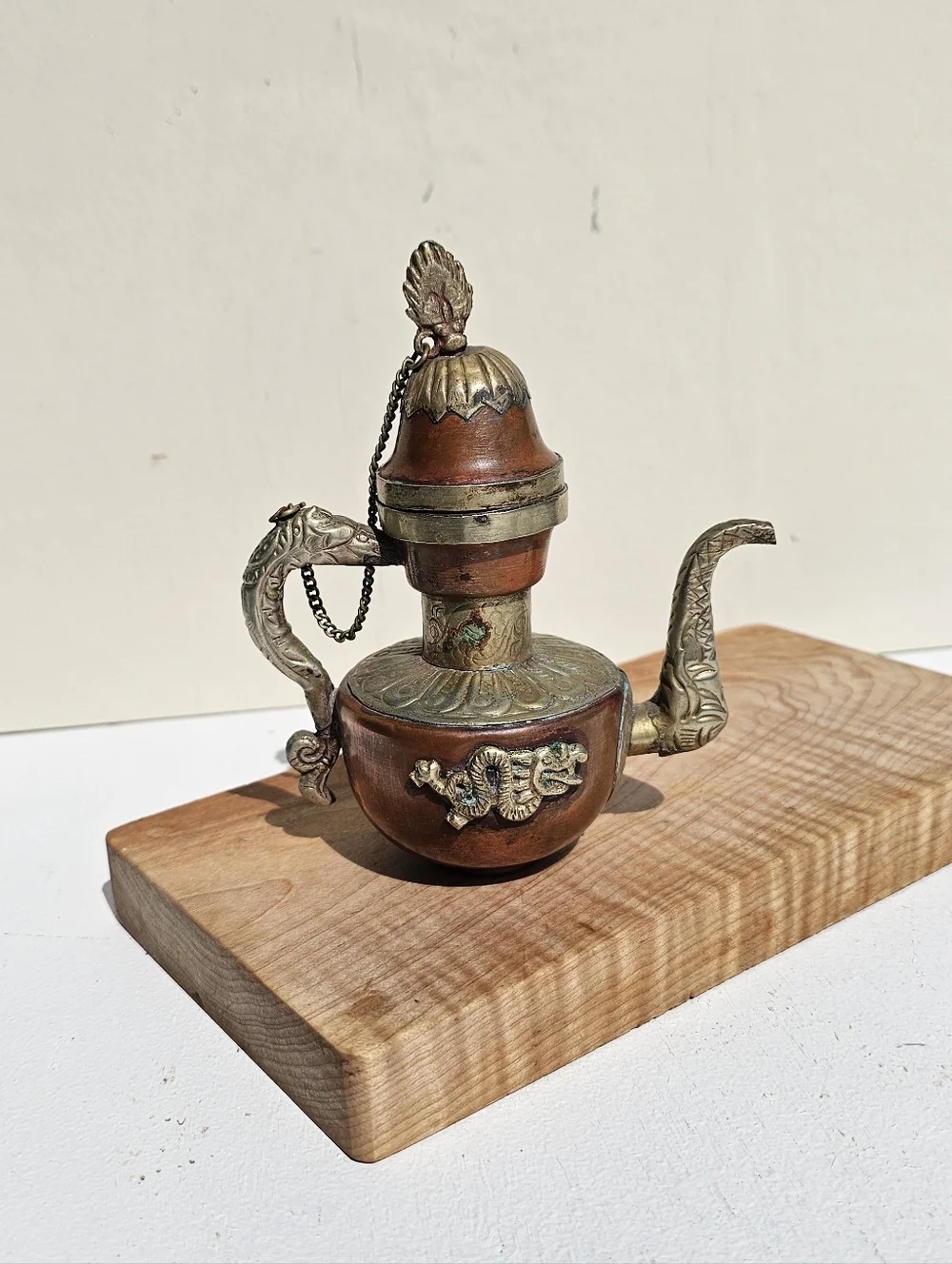 Vintage Tibetan Copper Silver Ewer Teapot Dragon Handle Elephant Pitcher